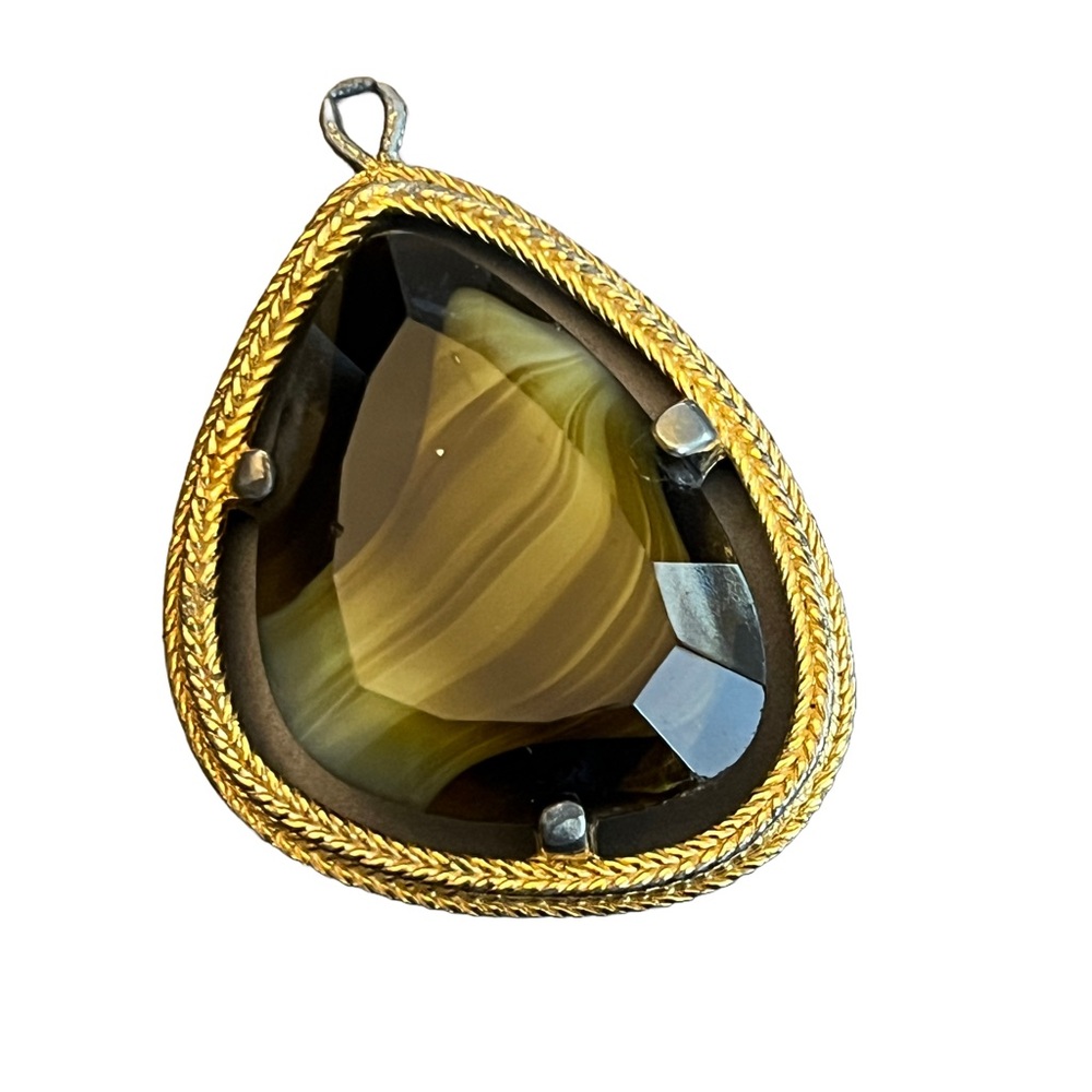 Sphinx faux faceted tiger eye vintage pendant triangle gold tone caged